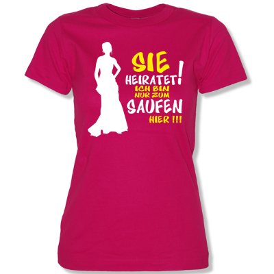 R2 – SIE HEIRATET ICH BIN NUR ZUM SAUFEN HIER -Damen T-Shirt Sorbet / Weiss-Gelb Gr. XL